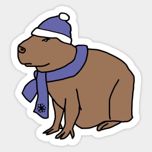 Winter Capybara Wearing Blue Hat and Scarf Sticker